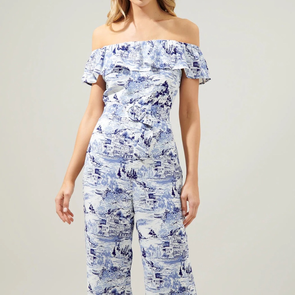 Off-Shoulder Toile Blue and White Jumpsuit